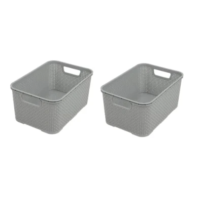 Abbildung von BranQ Home essential Korb in Rattan Design 2er Set Grösse L 19 l, BPA frei Kunststoff PP,Hellgrau, 38x27,8x18,5 cm, 2 STK 19l, 19l