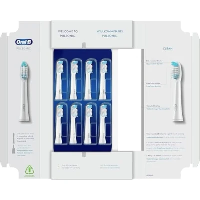Abbildung von Oral B Pulsonic Clean Aufsteckbürsten für Schallzahnbürsten, 8 Stück, Zahnbürstenaufsatz Schallzahnbürste, briefkastenfähige Verpackung