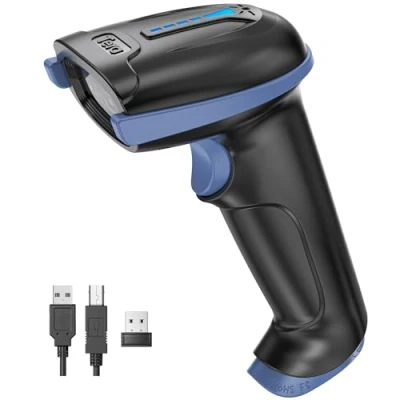 Abbildung von Tera Barcode Leser kabellos und kabelgebunden mit Batteriestandsanzeige, Scanner digital Bedruckt, 1D 2D QR Handbrause tragbar Plug and Play, Modell D5100 Blau