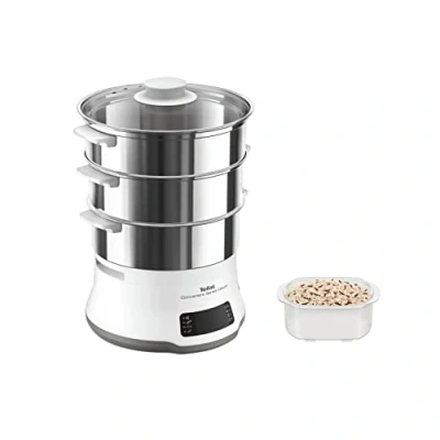 Abbildung von Tefal Convenient Series Deluxe Dampfgarer, einfacher Touchscreen, 8 Programme, Garen auf 3 Ebenen, Behälter aus Edelstahl, langlebige Qualität, gesunde Zubereitung, Edelstahl/weiß, VC502D