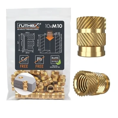 Abbildung von ruthex M10 Gewindeeinsatz 10 Stück RX M10x12.7 Gewindebuchsen aus Messing stabile Einpressmutter für Kunststoffteile durch Wärme oder Ultraschall in 3D Druck Teile Kunststoff einsetzbar