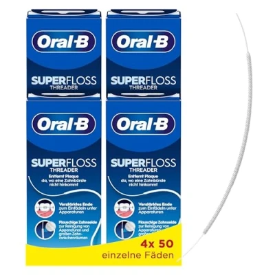 Abbildung von Oral B Superfloss Zahnseide, Entfernt Plaque &amp; Zahnstein, Verstärktes Ende oder Flauschige Mitte für enge und weite Räume, Zur Reinigung von Zahnspangen Apparaturen,4x50 vorgeschnittene Fäden,Blau