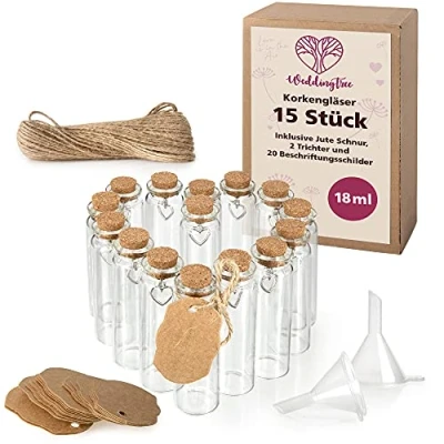 Abbildung von WeddingTree 15x Mini Glasflaschen mit Korken 18ml Kleine zum Befüllen Reagenzglas Glas für Hochzeit Gewürzgläser klein Gläser als Gastgeschenke
