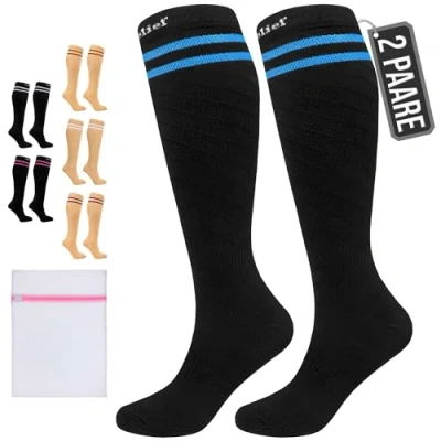 Abbildung von 360 Relief Kompressionsstrümpfe Klasse 1 für Damen und Herren 15 20 mmHg Stützstrümpfe langstreckenflug, Reise, Sports, Running, Laufen 2 Paare Kompressionssocken L/XL Schwarz mit Wäschenetz