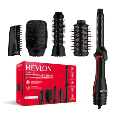 Abbildung von REVLON 5 in 1 One StepTM Haartrockner und Multi Styler (abnehmbare Köpfe, Lockenaufsatz, Trockner, Volumiser, Styler, Formgeber). RVDR5370