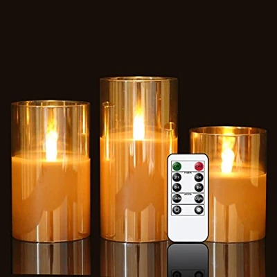 Abbildung von Eldnacele led Kerzen mit Timerfunktion flackernde Flamme, elektrische Echtwachskerzen im Glas, 3 teilige flammenlose Set, Stumpenkerzen Fernbedienung, Art u. Zimmer Deko, Grau