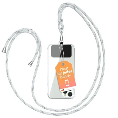 Abbildung von EAZY CASE Handykette Universal zum Umhängen kompatibel mit jedem Smartphone als Handyhülle Band Handytasche Kette Handyband jeder Hülle kombinierbar Kordel in Weiß/Silber