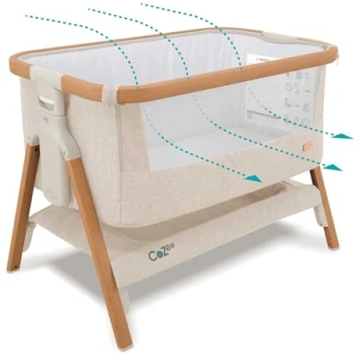 Abbildung von Tutti Bambini CoZee® 2 in 1 Baby Beistellbett &amp; Reisebett mit Matratze 6 Fach höhenverstellbar atmungsaktivem Mesh Fenster Faltbares Babybett Rollen 0 Monate (Walnuss Naturweiß)