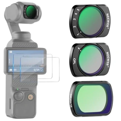Abbildung von NEEWER Magnetischer ND2 32, 1/4 Black Diffusion CPL Filter Set, Kompatibel mit DJI Osmo Pocket 3, 3er Pack Kamera Zubehör 2 gehärteten Glasschutzfolien, Mehrfach Beschichtet/Optisch HD Glas