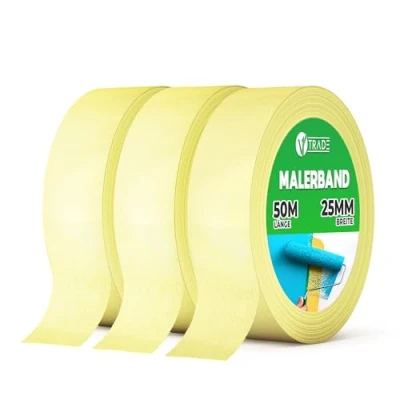 Abbildung von V1 TRADE Kreppband 25 mm x 50 m 3 Stück Universal Malerkrepp Hilfreich beim Malen Leicht Abnehmbar Abklebeband Malerband Wasserdicht Klebeband Gelb