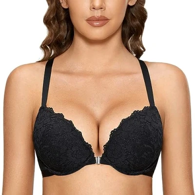 Abbildung von DOBREVA Damen Vorderverschluss BH mit Bügel Push Up Spitzen Neckholder BHS Racerback Tiefer Ausschnitt Gepolsterter Schwarz 80A