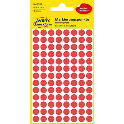 Abbildung von AVERY Zweckform 3589 selbstklebende Markierungspunkte (Ø 8 mm, 416 ablösbare Klebepunkte auf 4 Bogen, runde Aufkleber für Kalender, Planer und zum Basteln, Papier, matt) rot