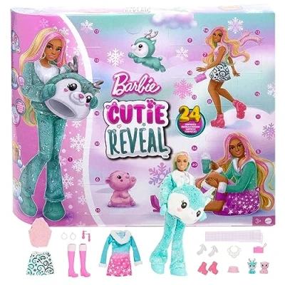 Abbildung von Barbie Cutie Reveal Adventskalender 24 Überraschungen, Puppe, Glitzerrentier, Winteroutfits, Accessoires, Minihaustiere, für Kinder ab 3 Jahren, HJX76