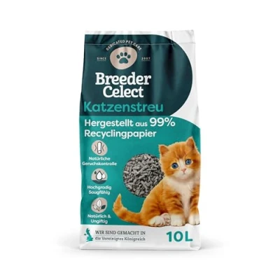 Abbildung von Breeder Celect Natürliches Katzenstreu (10L) 99% Recyclingpapier, Saugfähige Pellets, Optimale Geruchskontrolle, Nicht klumpend, Biologisch abbaubar &amp; Kompostierbar