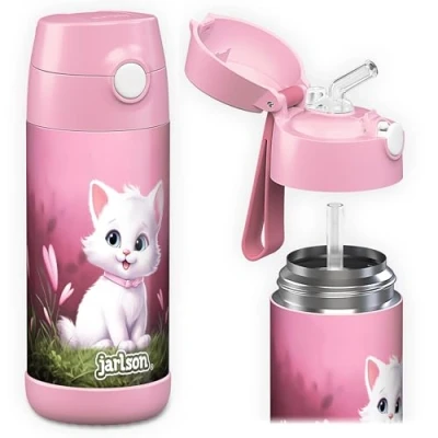 Abbildung von JARLSON® Trinkflasche Kinder Edelstahl &quot;CHARLI&quot; mit Strohhalm Thermosflasche 350ml TÜV geprüft BPA frei auslaufsicher Thermo Wasserflasche für Schule, Kindergarten Katze 2.0, 350 ml