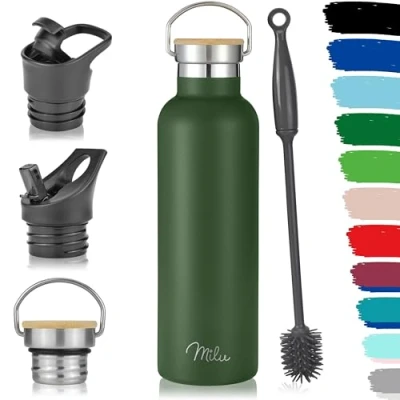 Abbildung von Milu Edelstahl Trinkflasche 350ml 500ml 750ml 1000ml (+3 Deckel) Thermosflasche mit Strohhalm, Isolierte Wasserflasche, Auslaufsichere Isolierflasche doppelwandig (Olivgrün, 750ml)