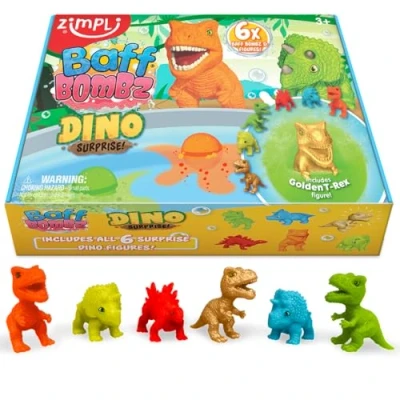Abbildung von Zimpli Kids 6 Überraschungs Badebomben Dinosaurier, Dinosaurier Spielzeuge im Inneren! Kindergeburtstagsgeschenke, Badespielzeug für Jungen und Mädchen