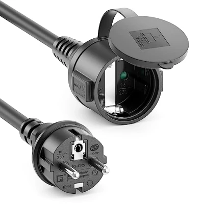 Abbildung von deleyCON 5m Outdoor Verlängerungskabel Stromkabel IP44 (H07RN F 3G1.5mm²) Strom Verlängerung Witterungsbeständiges Gummi Kabel für Außenbereich Schutzkontakt Stecker auf Buchse Schwarz