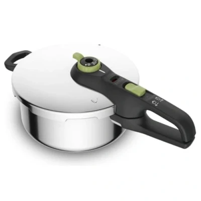 Abbildung von Tefal Secure Trendy Schnellkochtopf Induktion 4l, 2 Stufen Garregler: Intensivstufe 117C, Schonstufe 112C, Induktions Kapselboden, für alle Herdarten, Edelstahl/Schwarz/Grün, P2580400
