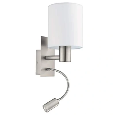 Abbildung von EGLO Wandlampe Pasteri, 2 flammige Textil Wandleuchte mit LED Leselicht, Leselampe aus Metall in Silber und Stoff Weiß, E27 Fassung