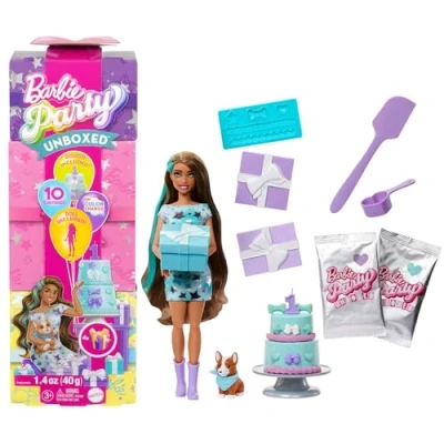Abbildung von Barbie Party Unboxed Puppe und Accessoires, Haustier Geburtstagsserie, Stars Set mit 10 Überraschungen inklusive Farbwechseleffekt Kuchendekoration, JFG72