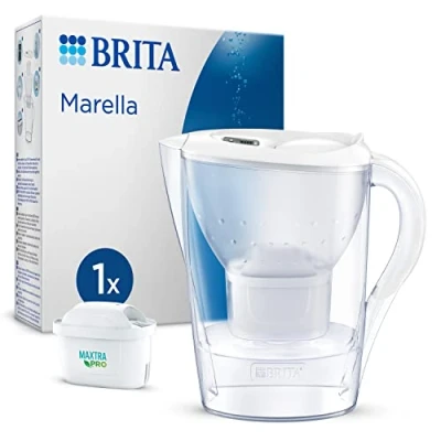 Abbildung von BRITA Wasserfilterkanne Marella weiß (2,4l) inkl. 1x MAXTRA PRO All in 1 Kartusche Filter reduziert Kalk, Chlor, Blei, Kupfer &amp; geschmacksstörenden Stoffe im Wasser/Kanne passt Kühlschranktür