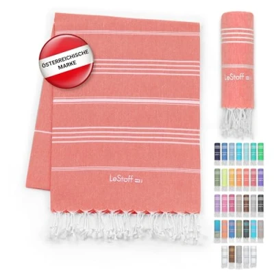 Abbildung von LeStoff Premium Hamamtuch 100% Bio Baumwolle Vorgewaschen, Nachhaltig, Saugstark &amp; Schnelltrocknend Strand, Bade, Dusch, Yoga, Spa Reise Tuch (95 x 180 cm, Coral(Salmon))