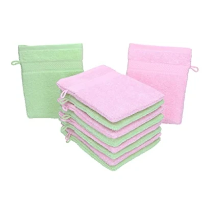 Abbildung von Betz 10 Stück Waschhandschuhe Palermo 100% Baumwolle Waschlappen Set Größe 16x21 cm Farbe rosé und grün