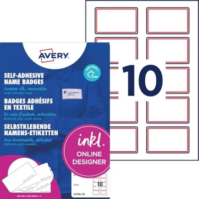 Abbildung von AVERY Zweckform L4786 20 Namensetiketten (200 Namensaufkleber, 80x50mm auf A4, selbstklebend, bedruckbare Textiletiketten aus Acetatseide, rückstandsfrei ablösbar) Blatt, weiß mit rotem Rand