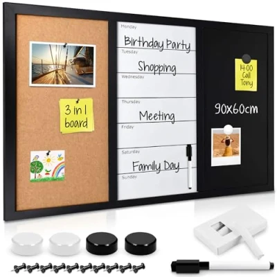 Abbildung von Navaris 3in1 Kombitafel 90x60x1,5cm Kreidetafel Whiteboard Kork Pinnwand Memoboard magnetische Seiten Weekly Plan Kreide Pins Magnete