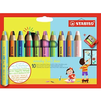 Abbildung von duo Buntstift, Wasserfarbe &amp; Wachsmalkreide STABILO woody 3 in 1 zweifarbige Mine 10er Pack mit Spitzer 10 Stiften und 20 verschiedenen Farben