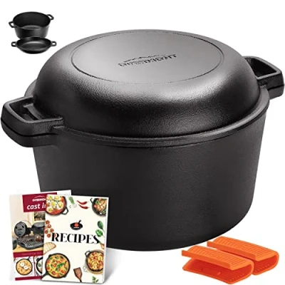 Abbildung von Overmont Gusseisen Topf Dutch Oven einsatzfertig eingebrannt Doppelfunktion Deckel/Bratpfanne für Küche Camping Garten BBQ Backen Gasgrill