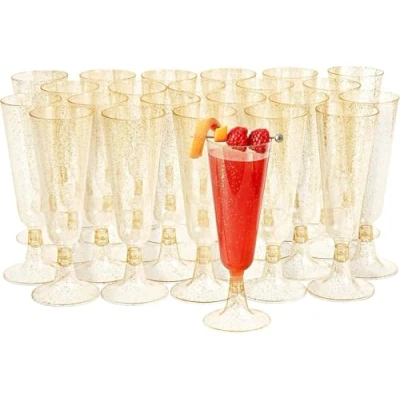 Abbildung von MATANA 24 Premium Sektgläser aus Kunststoff mit Goldglitter, 150ml Plastik Champagnergläser Gold, Mehrweg Sektflöten, Cocktailgläser, Plastikbecher für Hochzeiten, Geburtstage, Partys