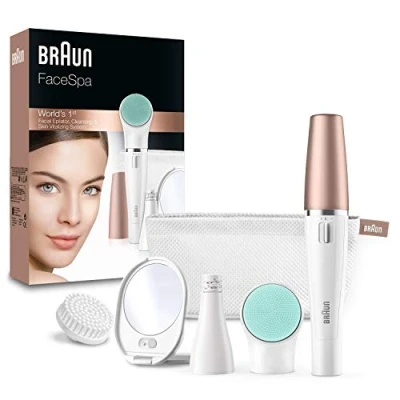 Abbildung von Braun FaceSpa Gesichtsepilierer Damen, Gesichtsreinigungsbürste, Massagepad, Spiegel und Tasche, Haarentfernung Reinigung, Geschenk für Frauen, 851v, weiß/bronze