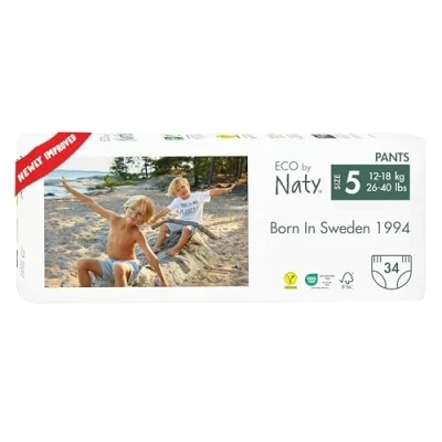 Abbildung von Eco by Naty Baby Windeln Pants umweltfreundliche Premium Bio Höschenwindeln aus pflanzenbasierten Materialien, sehr saugfähig und frei von gefährlichen Chemikalien (Größe 5) 34 Stück (1er Pack)