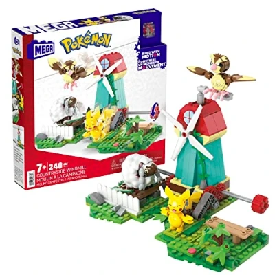 Abbildung von Mega Pokémon Figuren Bauset Windmühlen Farm, 240 Teile, mit Pikachu , Taubsi und Wolly Actionfiguren Bewegungsstein, Spielzeug, Spielzeug ab 7 Jahren, HKT21