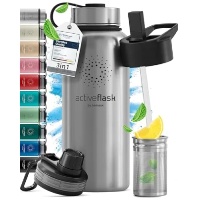 Abbildung von Trinkflasche Edelstahl ACTIVE FLASK + Strohhalm (3 Deckel) BPA frei, Auslaufsicher, Kohlensäure geeignet Wasserflasche Fahrrad Thermosflasche Isoliert Isolierflasche Sport Wasser Flasche Kinder Tee