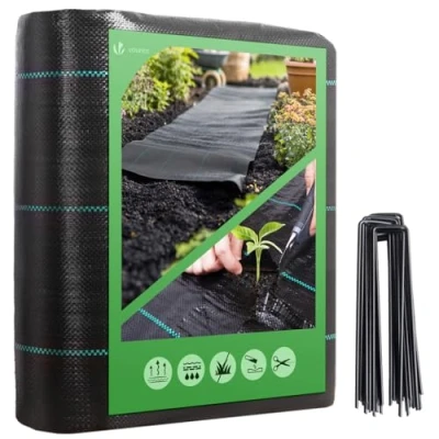 Abbildung von VOUNOT® Unkrautvlies 2x25m mit 50 Bodenanker, Reißfestes Gartenvlies Wasserdurchlässig, Mulchfolie für Garten, Hochbeet und Terrasse, Premium Unkrautfolie 100g/m²