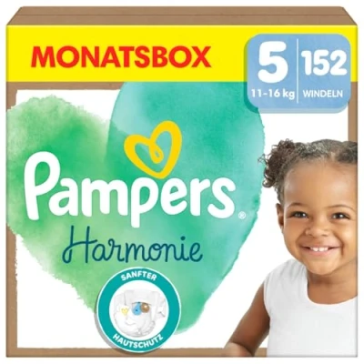 Abbildung von Pampers Baby Windeln Größe 5 (11 16kg) Harmonie, MONATSBOX, Sanfter Hautschutz Und Pflanzenbasierte Inhaltsstoffe, 152 Stück