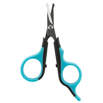 Abbildung von TRIXIE Gesichts und Pfotenschere mit abgerundeter Spitze zum Schutz aus Edelstahl gummierter Kunststoffgriff 8cm schwarz/blau 2360