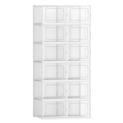 Abbildung von SONGMICS Schuhboxen, 12er Set, Schuh Organizer aus Kunststoff, faltbar und stapelbar, für Schuhe bis Größe 46, transparent weiß LSP12MWT
