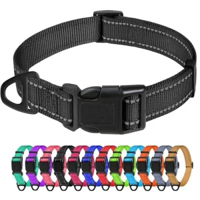 Abbildung von TagME Nylon Hundehalsband, Verstellbares Reflektierendes Hundehalsband mit Sicherheitsschnalle für Kleiner Hund, Schwarz, 1.5cm Breite