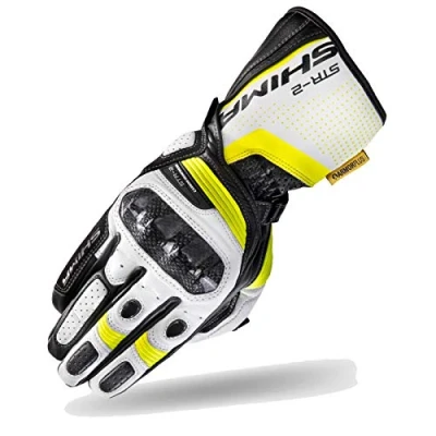 Abbildung von SHIMA STR 2 Motorradhandschuhe Herren Touchscreen, Sommer, Sport Leder Handschuhe mit Carbon Knöchelprotektor, Handflächen und Fingerschieber, Verstärkte Handfläche (Fluo, XL)