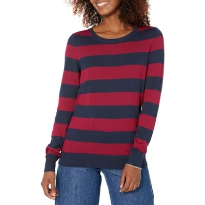 Abbildung von Amazon Essentials Damen Leichter, Langärmeliger Pullover Mit Rundhalsausschnitt (Erhältlich in Übergröße), Burgunderrot Marineblau Rugby Streifen, XS