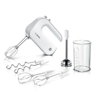 Abbildung von Bosch Handrührer Styline MFQ4075DE, 2 Rührbesen, Edelstahl Knethaken, spülmaschinengeeignet, Pürierstab, Mixbecher, 5 Stufen plus Turbostufe, 550 W, weiß/silber