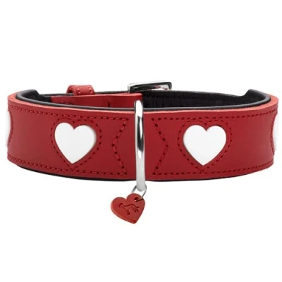 Abbildung von HUNTER Hundehalsband Love, Farbe: rot/schwarz, weiches, Robustes Rindsleder, einzeln eingenähte Herzen, handgefertigt, hoher, besonders anschmiegsam, Made in Germany, Größe 50