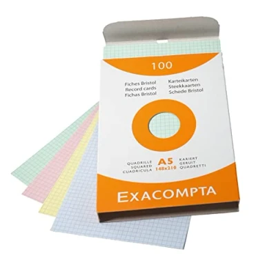 Abbildung von Exacompta 13378E Karteikarten (205q/qm Karton, holzfrei, DIN A5, kariert, ungelocht) 100er Pack gemischte Farben