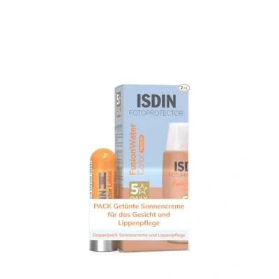 Abbildung von ISDIN Pack FusionWater Color Medium LSF 50, ultraleichte, getönte Sonnencreme für das Gesicht Wirkung und Wasserformel, 50 ml Lippenbalsam mit 30, repariert Feuchtigkeit versorgt