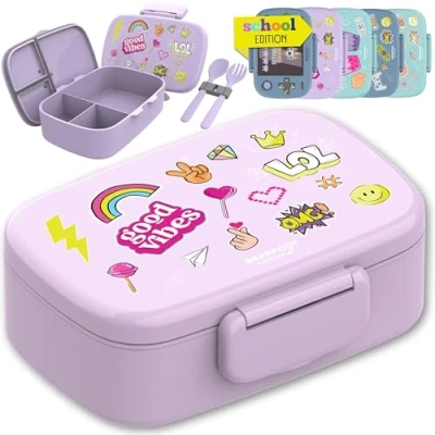 Abbildung von BEARFOOT Brotdose Kinder mit Fächern, BPA frei, Lunchbox, Bento box, Brotbox, Mädchen &amp; Jungen, Snackbox, 100% auslaufsicher, Vesperbox für Kindergarten, Schule (Sticker lila)