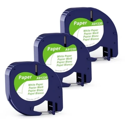 Abbildung von 3x MarkField Kompatibel mit Dymo Letratag Etikettenband Papier, Kompatible 12mm x 4m Paper White for LT 100H 100T XR 200B, Schwarz auf Weiß Etikettierpapier